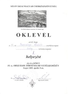 Oklevél a 2005-s történelmi vetélkedő győzelemről